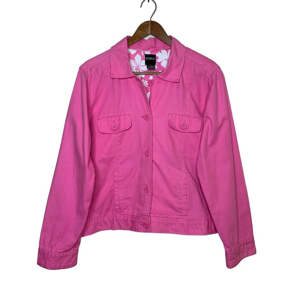 Erika Canvas Jacket Bright Bubble Gum Pink Button Front Collar Pockets Large